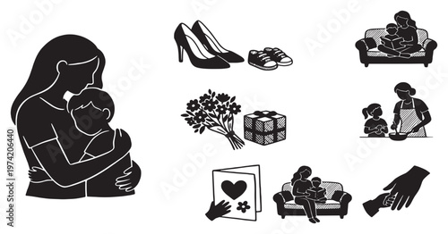 Collection of black and white silhouette illustrations depicting mothers and children, celebrating family bonds and motherhood.