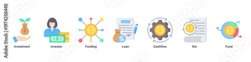 Investment Plan web banner icon vector illustration with icons of Investment,Investor,Funding,Loan,Cashflow,Roi and Fund