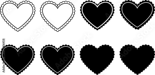 Set of eight black and white scalloped heart shapes vector illustration, featuring outline and solid designs.