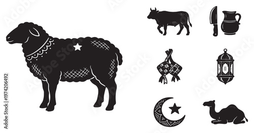 Collection of Islamic holiday symbols including a sheep, cow, camel, crescent moon, lantern, and pitcher.