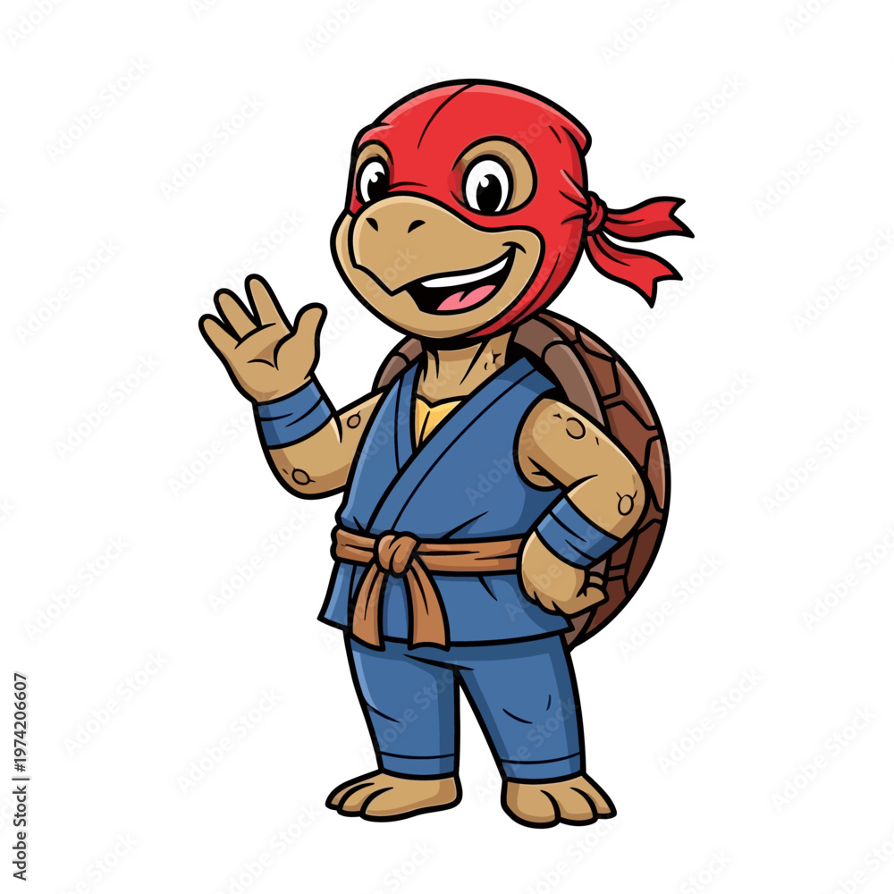 Fototapeta premium Martial Arts Turtle Character Waving Hello in Blue Gi