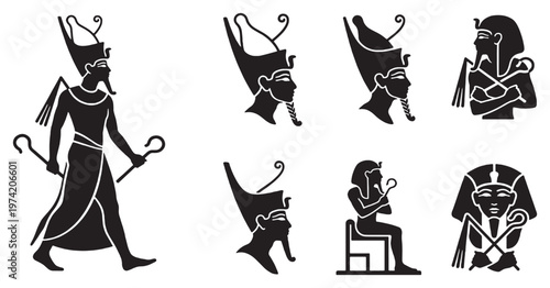 Collection of Egyptian hieroglyphic symbols and figures representing pharaohs and gods.