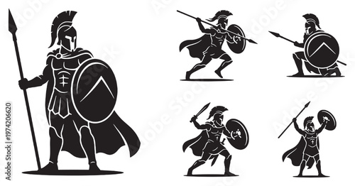 Set of Spartan warriors in silhouette, ready for battle with spears and shields.