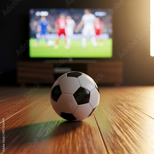 Classic Soccer Ball on Wooden Floor in Front of TV Screen.