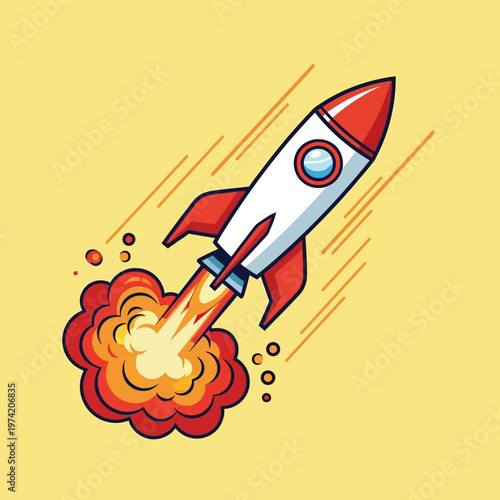 Cartoon Rocket Launching with Fiery Exhaust and Motion Trails on Yellow Background