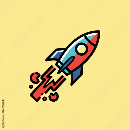Colorful cartoon rocket ship blasting off into space with fiery exhaust, symbolizing startup, speed, and exploration