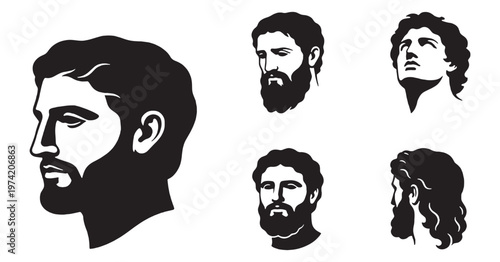 Collection of Black and White Silhouettes of Ancient Greek and Roman Men's Heads.