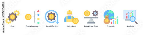 Cost Analysis web banner icon vector illustration with icons of Cost,Cost Allocation,Cost Effective,Labor Cost,Break Even Point,Economic and Analysis