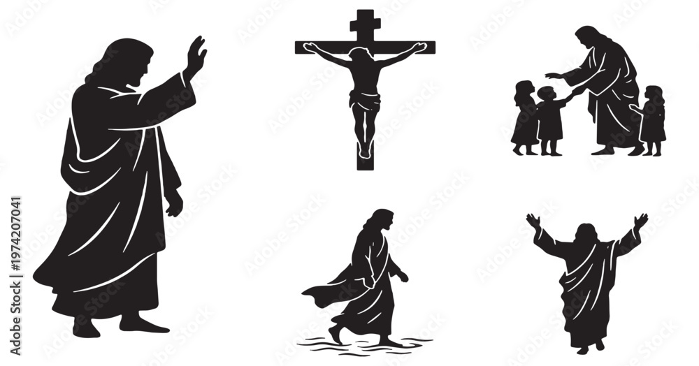 Naklejka premium Collection of Jesus Christ silhouette icons, representing different aspects of his life and teachings.