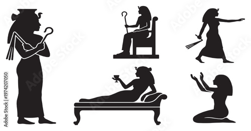 Collection of Silhouettes of Ancient Egyptian Goddesses and Figures in Various Poses.