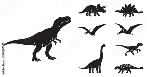 Collection of Silhouette Illustrations of Various Dinosaur Species, Including Tyrannosaurus Rex and Triceratops.