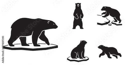 Collection of polar bear silhouettes in various poses on ice floes, illustrating arctic wildlife and their environment.