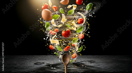 Dynamic Swirling Vortex of Fresh Italian Food Ingredients Over a Wooden Spoon