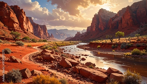 A serene desert landscape with a winding river and rocky formations