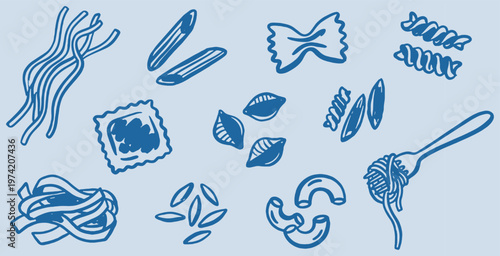 Collection of various types of pasta shapes, hand-drawn in a simple blue outline style on a light blue background.