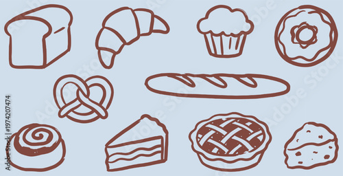 A collection of simple line drawings of various baked goods and pastries on a light blue background.