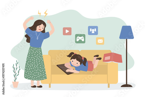 Angry mom screaming her daughter smartphone. Child for cell phone addiction. Young girl addicted to technology receives scolding from mother. Bad habit