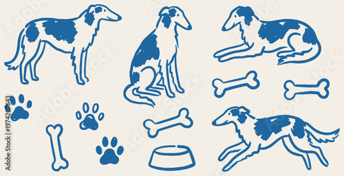 Collection of charming blue and white illustrations of Borzoi dogs in various poses, with paw prints and bones.