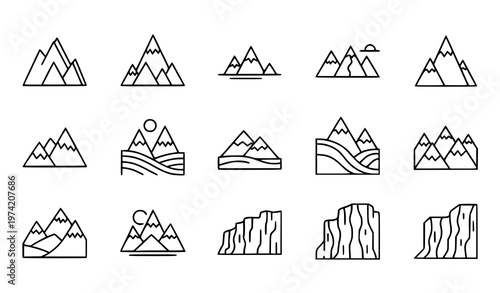Foto A set of minimalist mountain range icons in a flat line art style