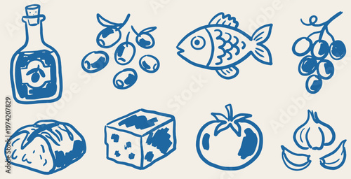 A collection of hand-drawn food icons in blue, including olive oil, olives, fish, grapes, bread, cheese, tomato, and garlic.
