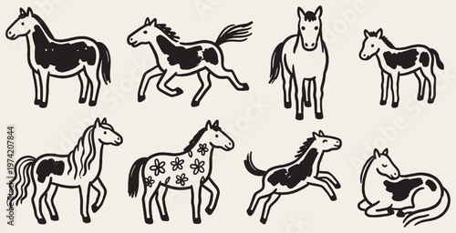 Collection of eight hand-drawn horse illustrations in various poses and styles.