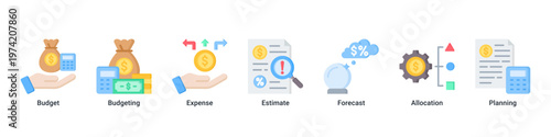 Budget Planning web banner icon vector illustration with icons of Budget,Budgeting,Expense,Estimate,Forecast,Allocation and Planning