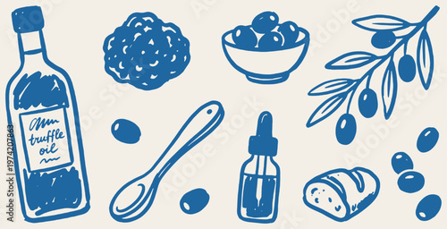 Collection of hand-drawn ingredients for cooking, including truffle oil, olives, and bread.