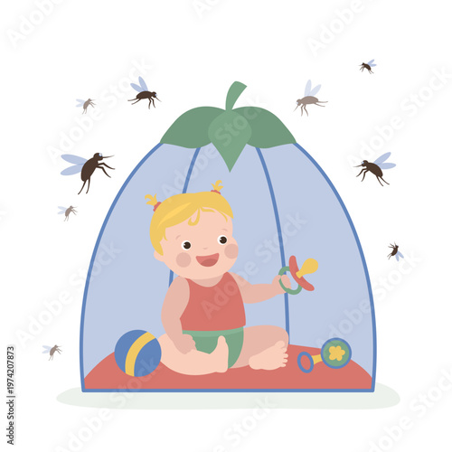 Little child sits in mosquito net. mosquito carrier of dengue virus, zika virus, malaria. Newborn girl not bitten by insects. Kid under net, shielded from mosquitoes.