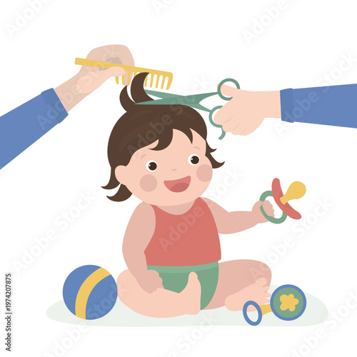 Photos Scissors and comb in hands for little girl haircut