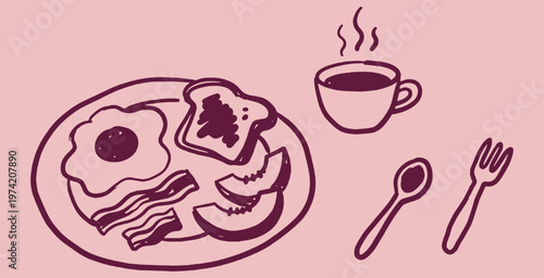 Hand-drawn illustration of a delicious breakfast with fried eggs, bacon, toast, fruit slices, and a steaming cup of coffee.