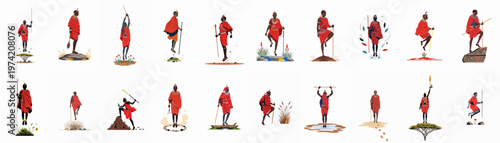Collection of Maasai Warrior Illustrations in Traditional Red Shuka and Beadwork, Featuring Various Poses and Cultural Elements on a White Background