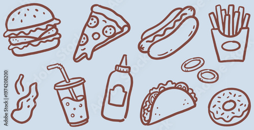 A collection of hand-drawn fast food icons including a burger, pizza, hot dog, fries, and donut.