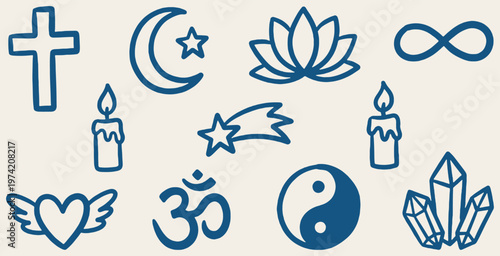 Collection of spiritual and religious symbols including a cross, crescent moon, lotus flower, infinity symbol, candles, shooting star, Om, Yin Yang, and crystals.