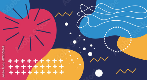 Abstract Memphis Style Background With Geometric Shapes And Organic Forms pattern