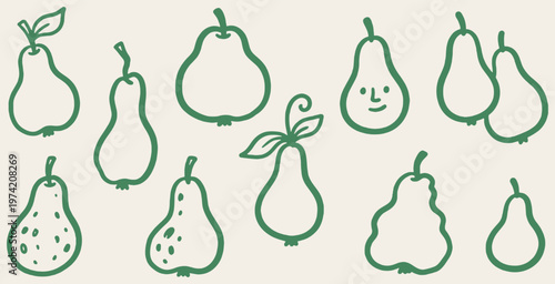 A charming collection of hand-drawn green pears with various shapes and one with a happy face.