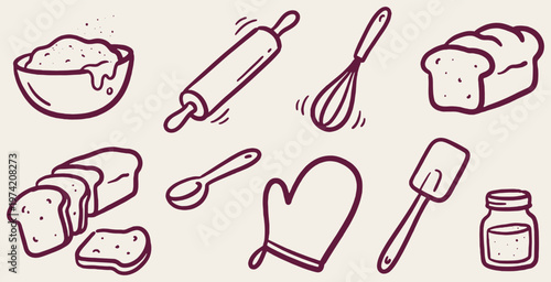 Hand-drawn baking ingredients and tools collection, including bread, dough, rolling pin, whisk, oven mitt, and spatula.