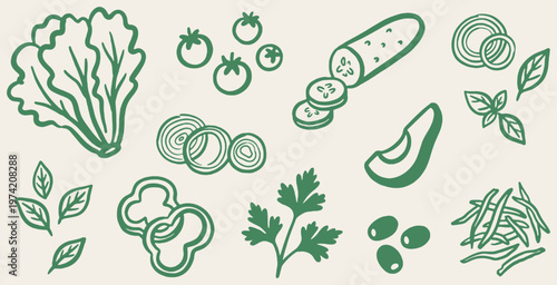 Collection of fresh salad ingredients illustrated in a simple, clean green line art style on a cream background.