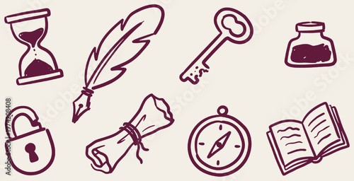 Collection of vintage writing and discovery icons including an hourglass, quill pen, key, inkwell, lock, scroll, compass, and book.
