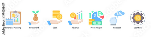 Finance Strategy web banner icon vector illustration with icons of Financial Planning,Investment,Cost,Revenue,Profit Margin,Forecast and Cashflow