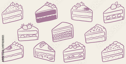 A delightful collection of hand-drawn cake slices, showcasing a variety of delicious desserts.