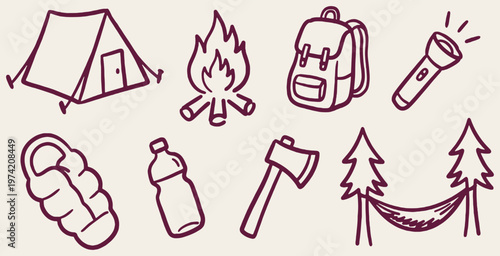 Collection of hand-drawn camping and outdoor adventure icons, including a tent, campfire, backpack, and flashlight.