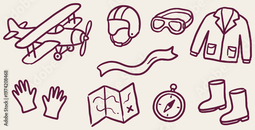 Collection of hand-drawn aviation and adventure icons including an airplane, pilot gear, and navigation tools.