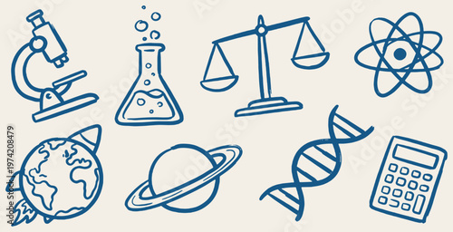 Fotografie Collection of science and education icons including a microscope, flask, scales, atom, DNA, rocket, planet, and calculator