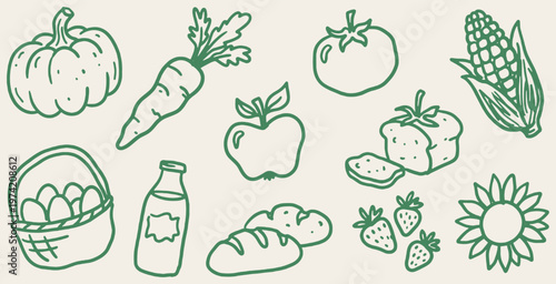 Collection of hand-drawn food and produce icons in a doodle style.