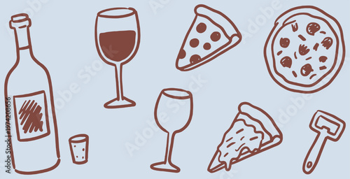 Hand-drawn illustration of pizza slices, a whole pizza, a bottle of wine, wine glasses, and a bottle opener on a light blue background.