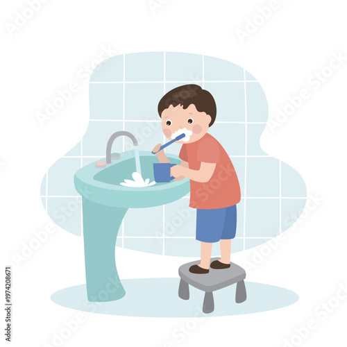 Little boy brushing teeth with toothbrush for dental care. Kid in pajamas brushing his teeth with a toothbrush and toothpaste stands near a sink with a faucet.