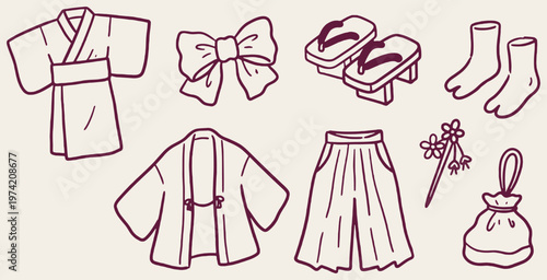 Collection of Japanese Traditional Clothing and Accessories, Hand-Drawn Style.