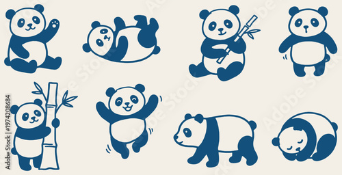 Collection of cute cartoon pandas in various poses, including eating bamboo and sleeping, rendered in a simple, charming style.