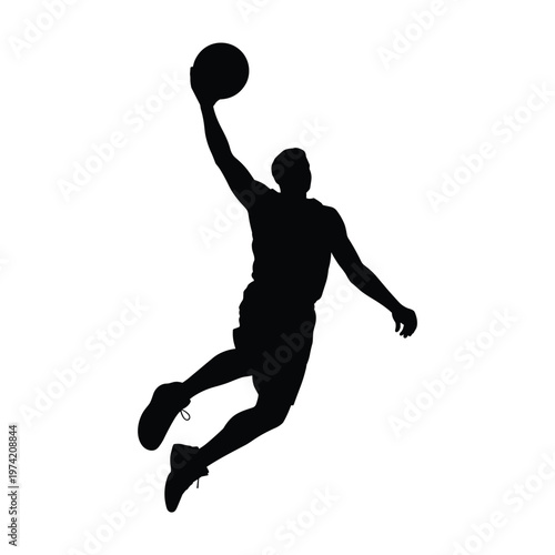 Basketball player silhouette dunking, dynamic action shot of athlete, slam dunk