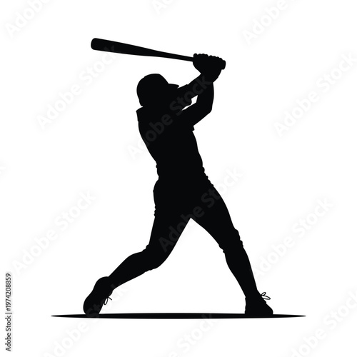 Baseball player silhouette swinging bat, action shot of batter in game, home run